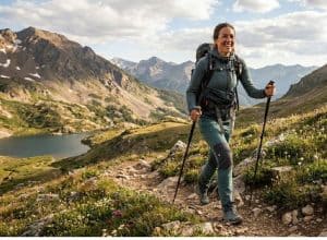 Frau mit Wanderstöcken unterwegs