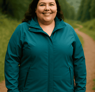 Zufriedene Frau in großer Größe mit perfekt sitzender Outdoorjacke