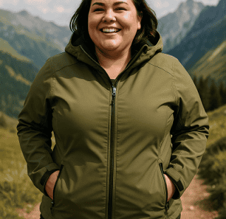 zufriedene kundin mit outdoor-jacke