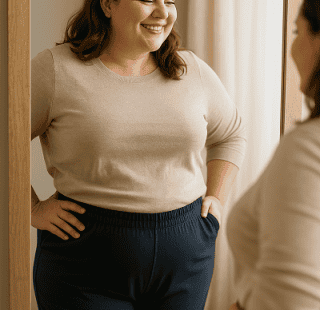 plus-size-frau fühlt sich wohl in gummibundhose