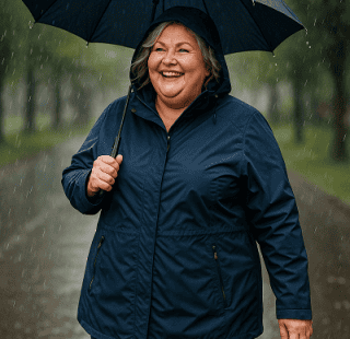 plus-size-frau mit regenjacke beim spaziergang im regen