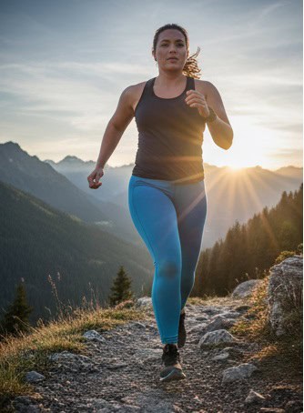 Frau beim Trailrunning mit Kompressionskleidung in großen Größen zur Muskelstabilisierung
