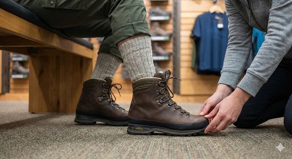 Wanderschuhe mit dicken Wandersocken anprobieren
