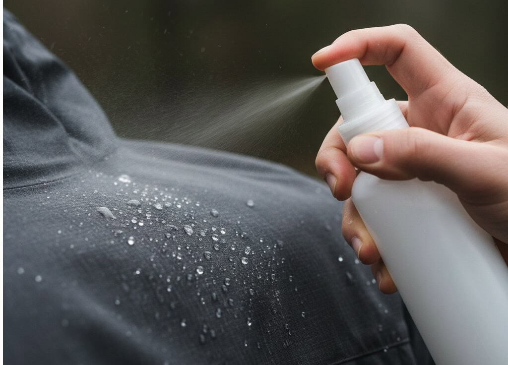 Imprägnierungsspray auf Outdoorjacke – Abperleffekt bei PFC-freier DWR-Ausrüstung