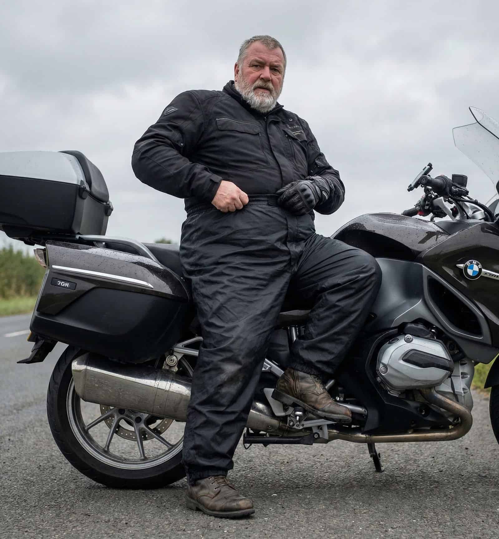 Motorradfahrer in Sitzposition mit Regenhose – Knie stark gebeugt, Bundbereich sichtbar