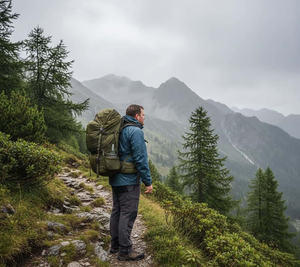 Wanderer mit vollem Trekkingrucksack auf Bergpfad in den Alpen bei bewölktem Wetter