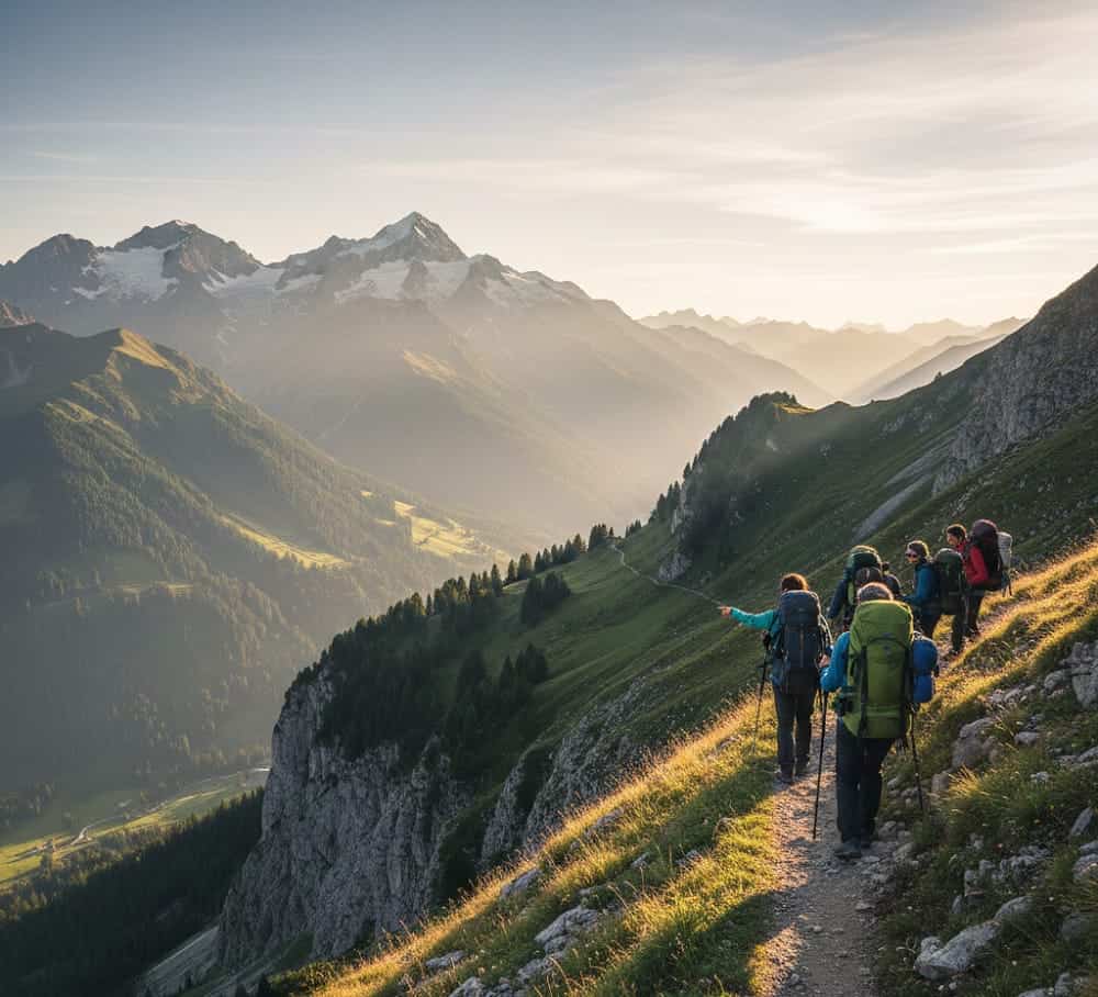 Gruppe von Wanderern mit Rucksäcken auf einem Bergpfad in den Alpen beim Sonnenaufgang
