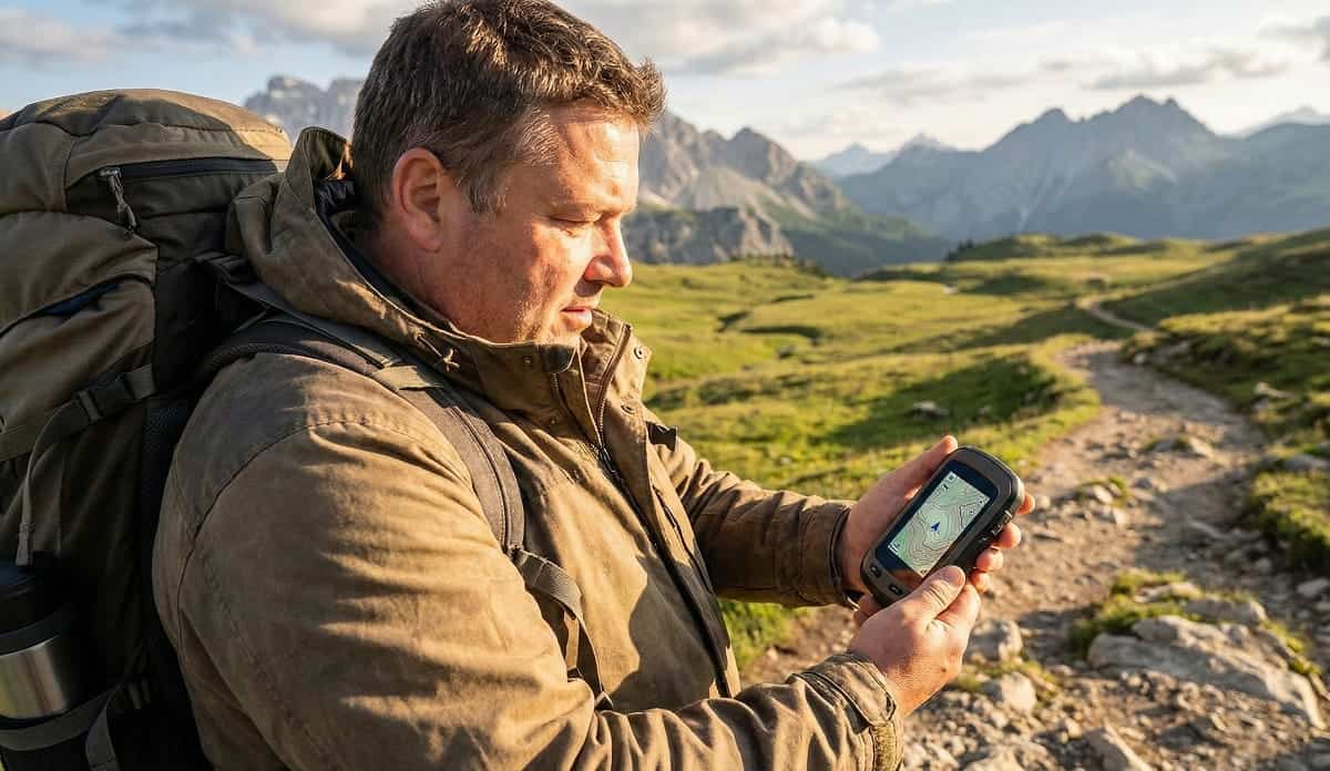 Wanderer mit GPS-Gerät in den Alpen beim Navigieren auf Bergwanderung