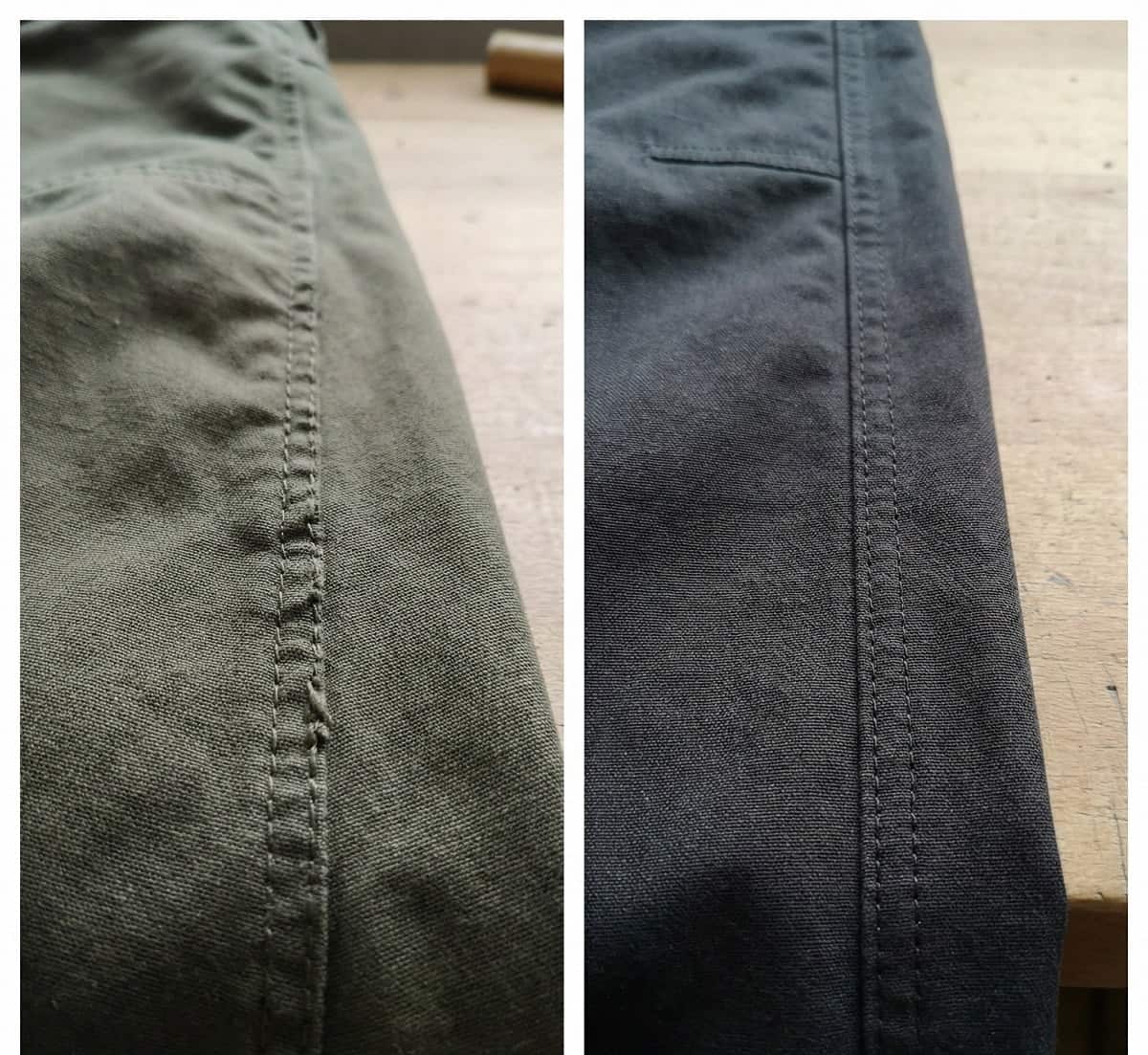 Wanderhose kürzen – Unterschied zwischen DIY und Schneider Vergleich Naht einer selbst gekürzten Wanderhose und professioneller Schneiderarbeit