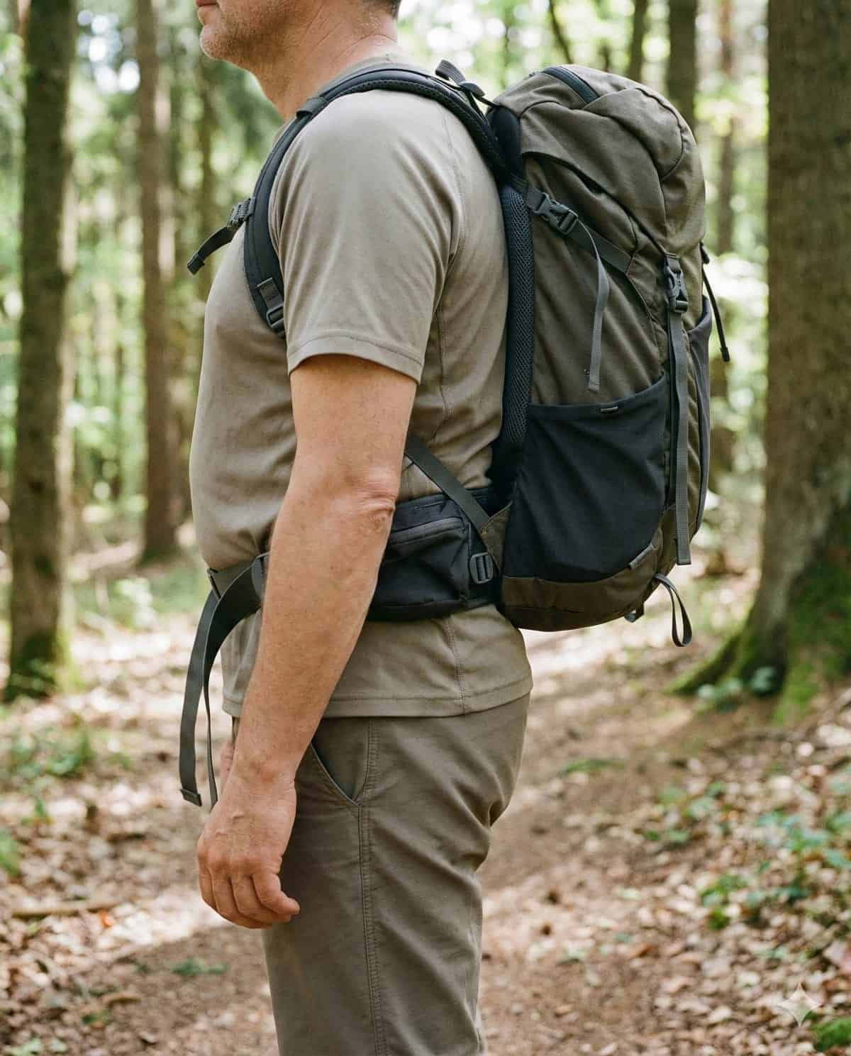 Wanderrucksack richtig einstellen – korrekte Position des Hüftgurts Wanderrucksack richtig einstellen – Hüftgurt sitzt mittig auf dem Beckenkamm und Rucksack endet auf Taillenhöhe