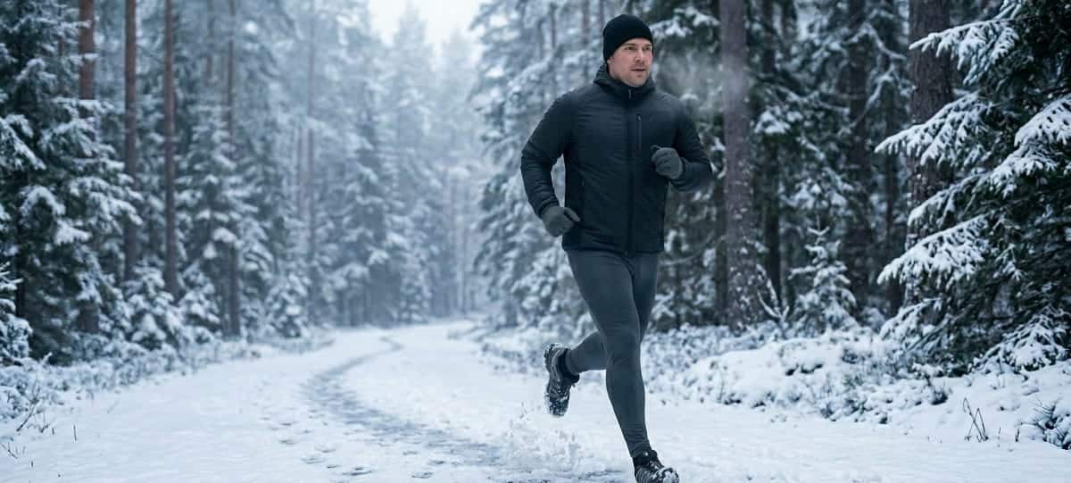 Läufer mit Winter-Laufschuhen auf verschneitem Waldweg