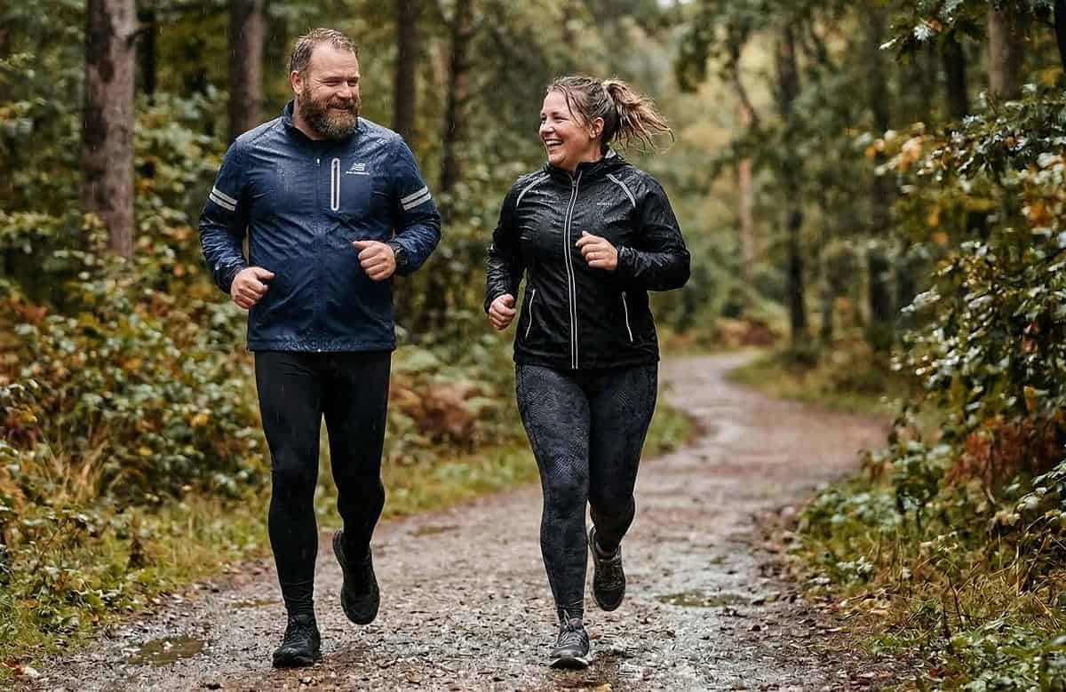 Laufbekleidung große Größen – Damen und Herren beim Laufen im Wald bei Regen