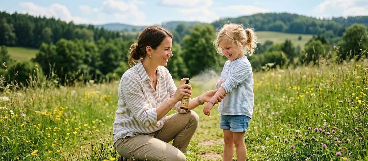Mutter trägt Mückenspray auf den Arm eines Kleinkindes auf – Mückenschutz für Kinder auf der Wiese