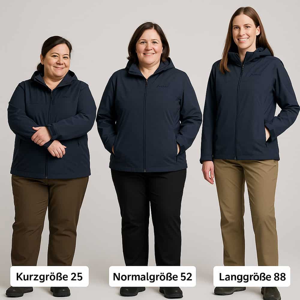 Drei Frauen im Vergleich: Jacke in Kurzgröße 25, Normalgröße 52 und Langgröße 88 – Passformunterschied auf einen Blick