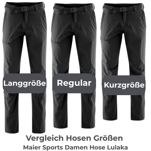 Kurz-, Normal- und Langgröße nebeneinander Damen-Wanderhose in Kurzgröße, Normalgröße und Langgröße im direkten Vergleich
