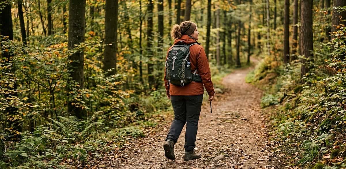 Frau mit Lipödem beim Wandern in Outdoorbekleidung in großer Größe
