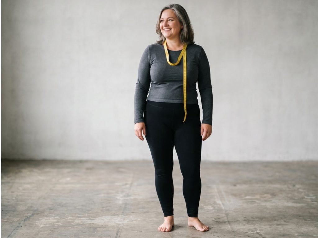 Damen in Übergrößen vor Größentabelle – Beratung zu Plus-Size-Bekleidung