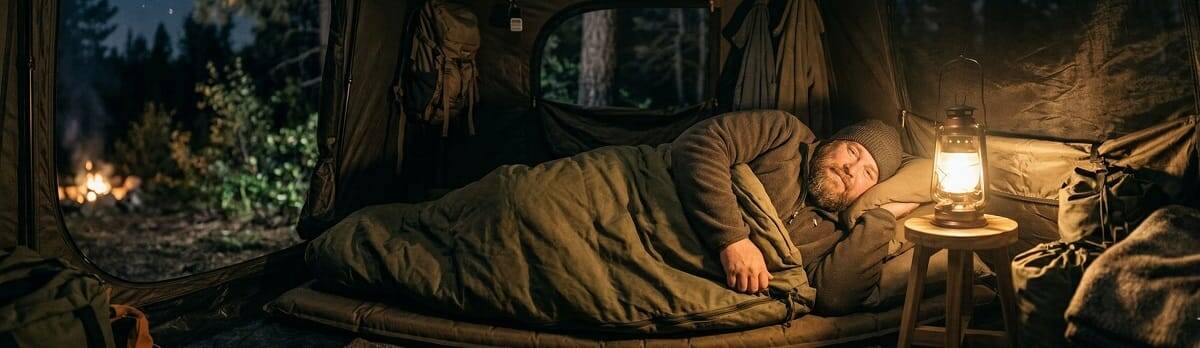 Kräftiger Mann schläft in einem breiten Deckenschlafsack im Zelt beim Camping