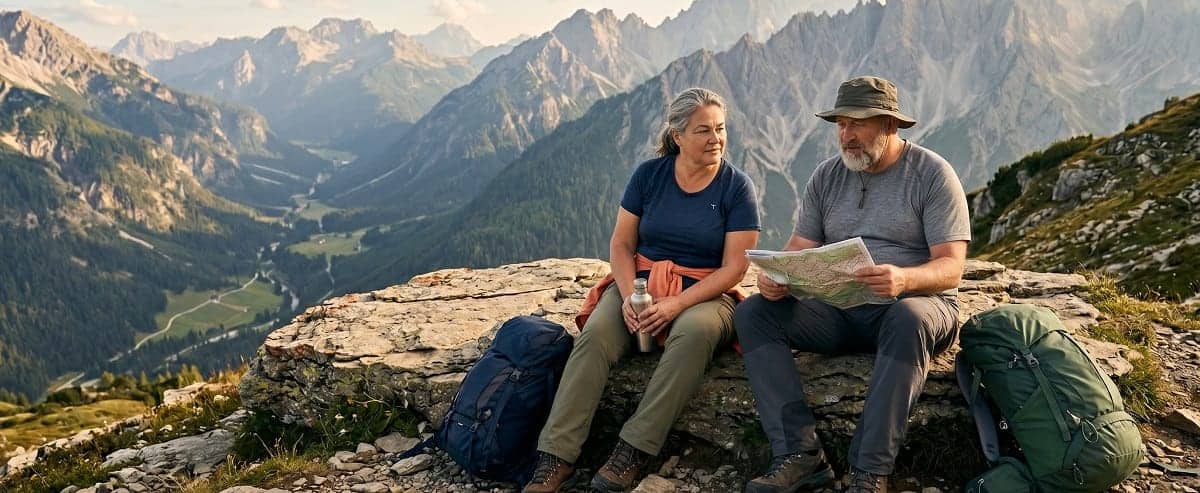 Wanderin in Übergröße plant Höhenmeter mit Karte im alpinen Gelände