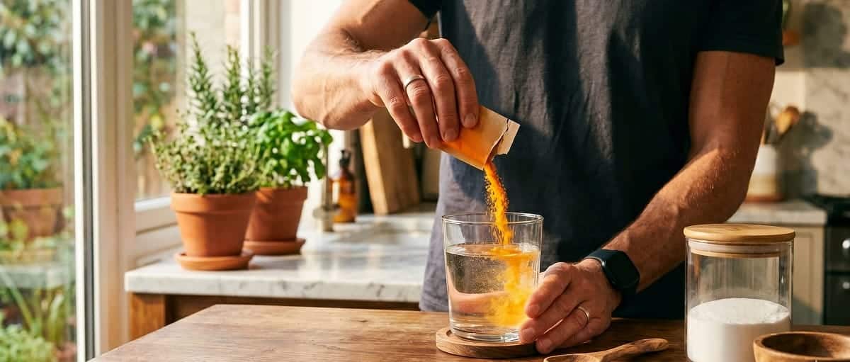 FitLine Powercocktail Pulver wird in ein Glas Wasser gegeben - Morgenroutine