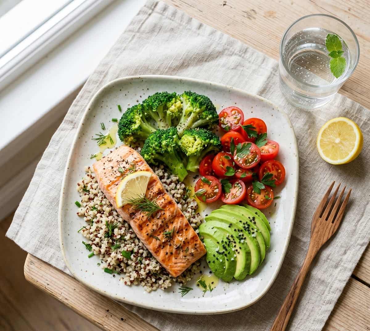 Bewusste Ernaehrung mit Lachs Quinoa und frischem Gemuese Ausgewogenes Mittagessen mit Lachs Quinoa und Gemuese als Basis fuer eine bewusste Ernaehrung