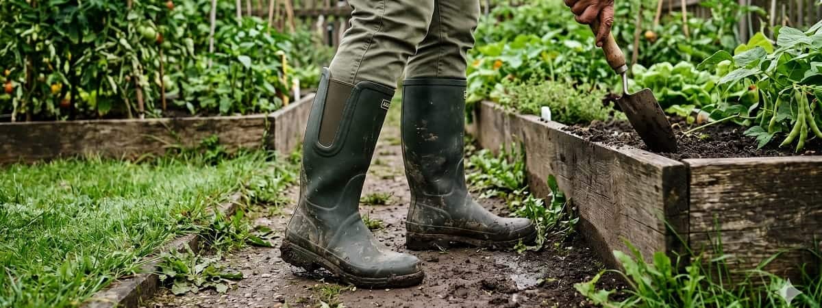 Weitschaft-Gummistiefel mit kräftigen Waden bei der Gartenarbeit – passende Schaftweite für dicke Waden
