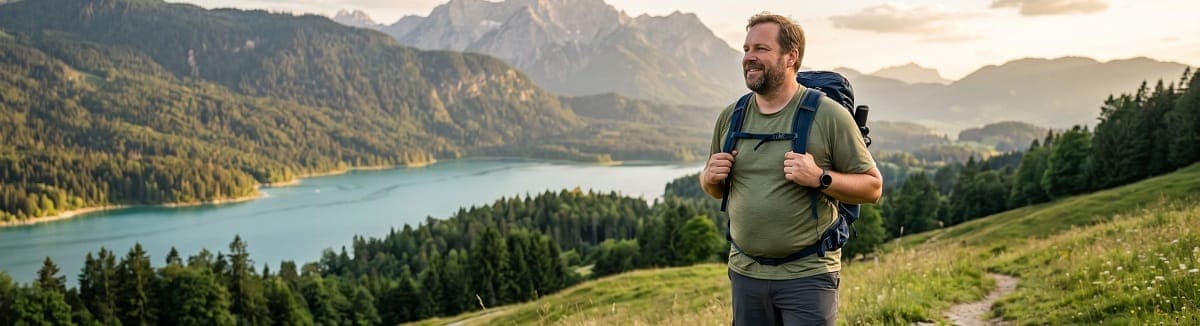 Mann in Übergröße beim Wandern in den bayerischen Alpen mit Bergsee und Bergpanorama im Hintergrund