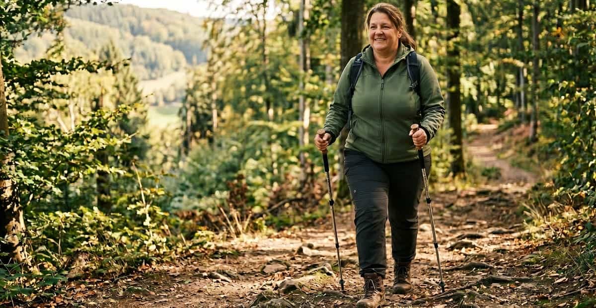 Frau in Übergröße beim Wandern mit zwei Wanderstöcken im Mittelgebirge