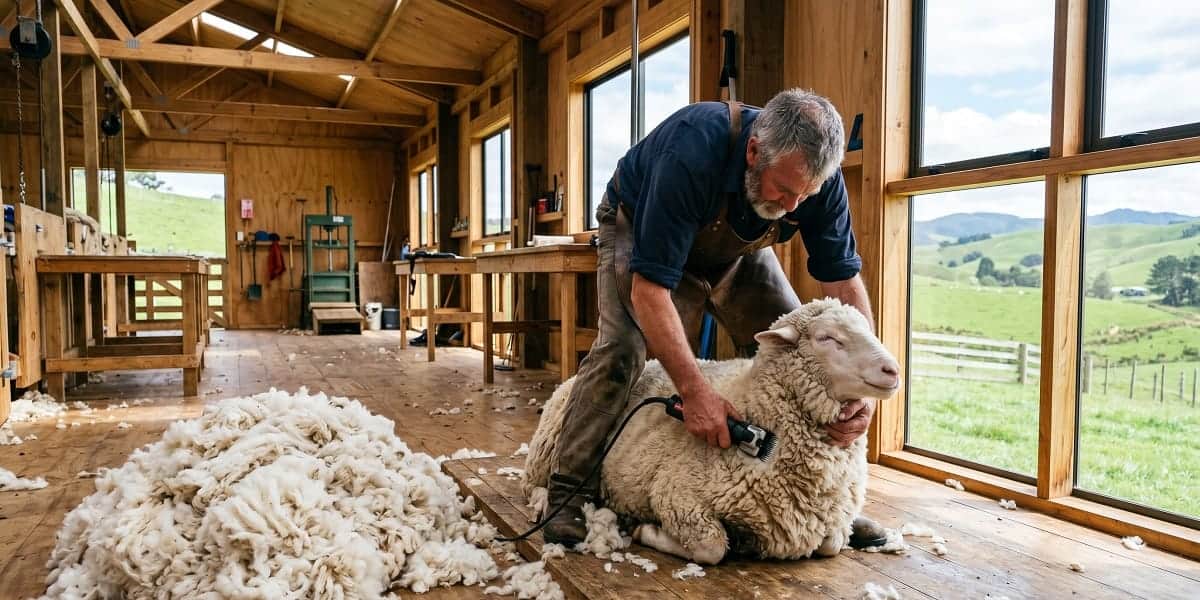 Herkunft der Merinowolle – Schafschur in Neuseeland Merinoschaf bei der Schur in Neuseeland – Herkunft der Wolle