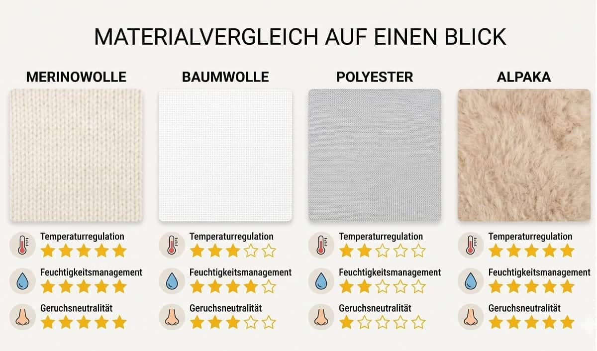 Materialvergleich auf einen Blick Vergleichsgrafik Merinowolle vs Baumwolle vs Polyester vs Alpaka