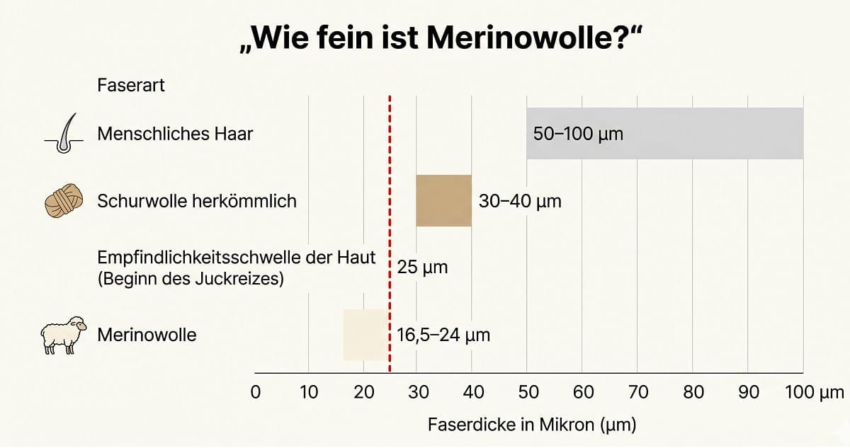 Merinowolle Mikron-Vergleich Infografik Faserstärke von Merinowolle im Vergleich – Mikron-Werte verschiedener Fasern