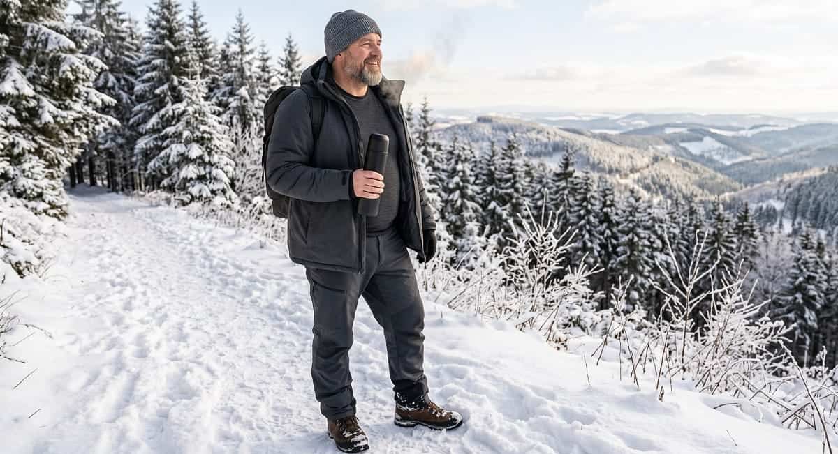 Merinowolle im Wintersport â warm und atmungsaktiv Mann mit krĂ€ftiger Statur in Winterlandschaft mit Merino-Baselayer unter Skijacke