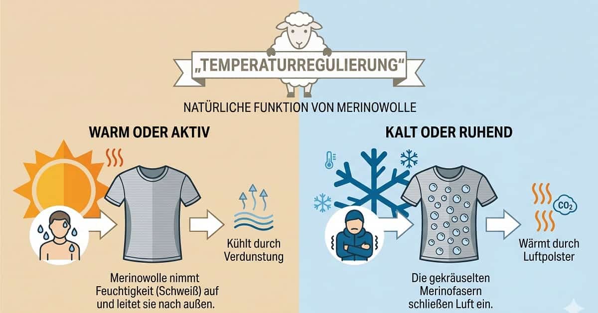 Temperaturregulierung Merinowolle Infografik Wie Merinowolle die Körpertemperatur reguliert – Wirkungsweise im Überblick