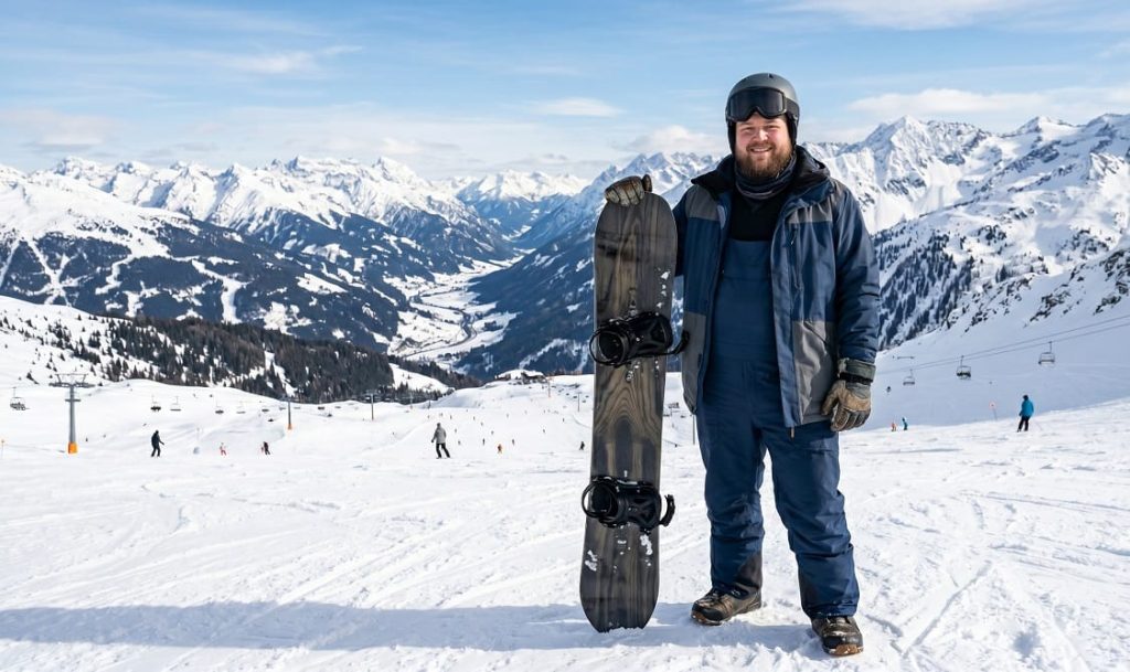 Man in ski gear stands on snowy slope holding a snowboard, mountains in the background under a blue sky.