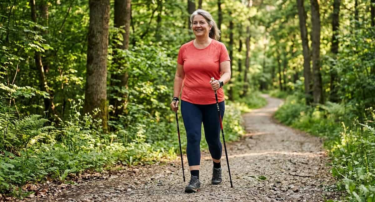 Nordic Walking als gelenkschonender Sport bei Ăbergewicht Frau mit Ăbergewicht beim Nordic Walking im Wald als idealer Sport fĂŒr Ăbergewichtige