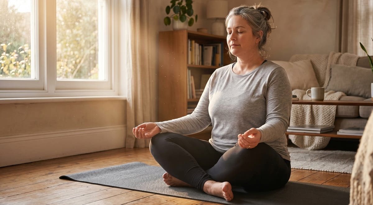 Yoga als sanfter Einstieg in den Sport mit Ăbergewicht Plus-Size Frau beim sanften Yoga zuhause als Einstieg in Sport bei Ăbergewicht
