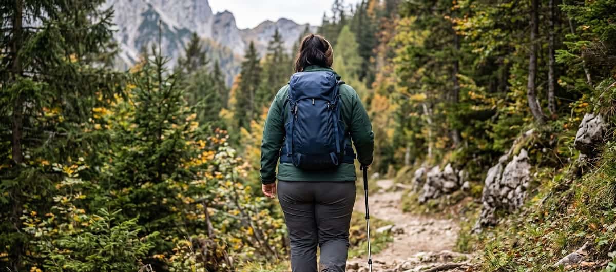 Plus-Size-Wanderin von hinten mit gut sitzendem Trekkingrucksack auf einem Bergpfad