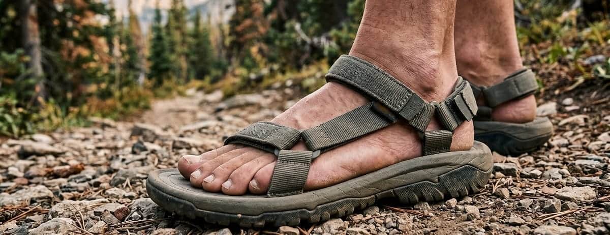 Trekkingsandalen für breite Füße in großen Größen auf einem Wanderweg