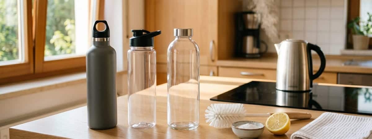 Verschiedene Trinkflaschen aus Edelstahl, Tritan und Glas mit Flaschenbürste, Zitrone und Backpulver auf der Küchenarbeitsplatte