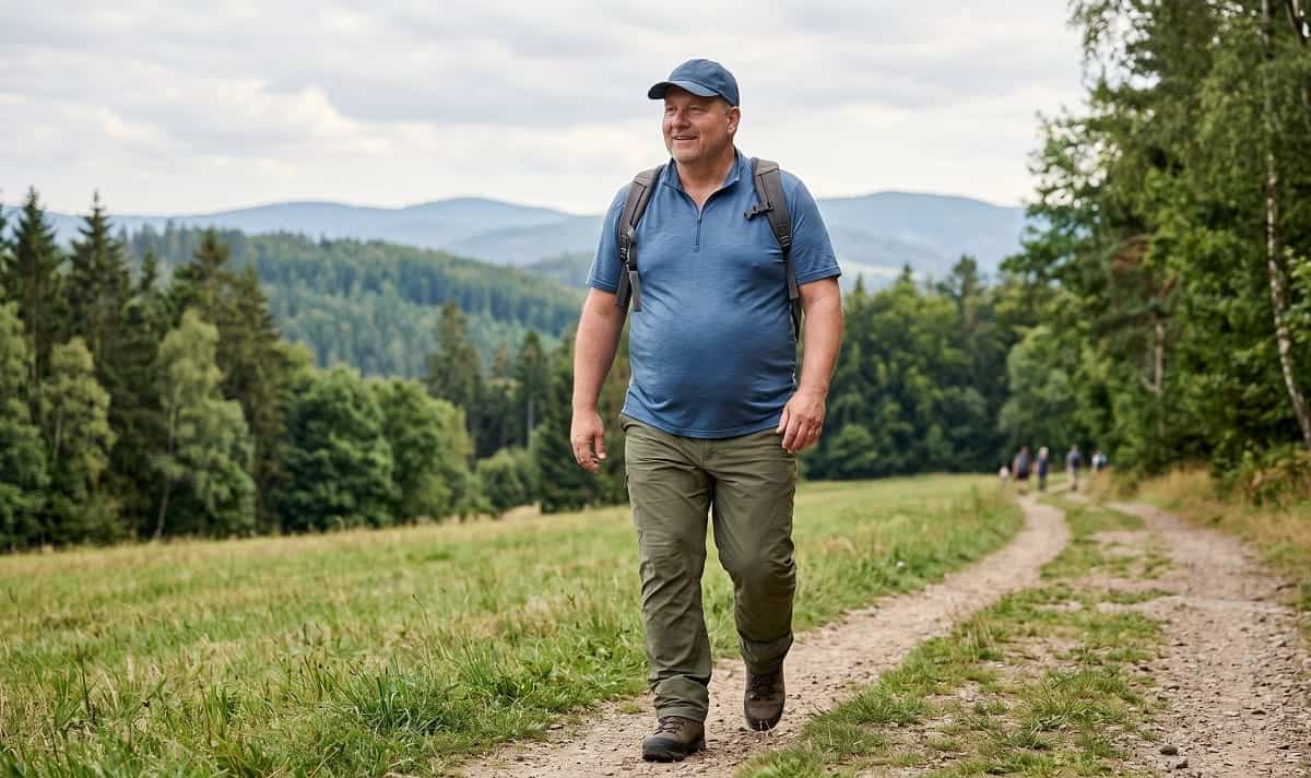 Übergewichtiger Mann wandert in Outdoorhose für Herren in Übergröße
