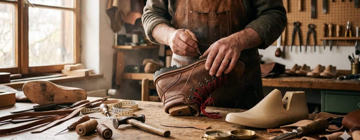 Schuhmacher fertigt einen Wanderschuh nach Maß in seiner Werkstatt – Handarbeit auf individuellem Leisten