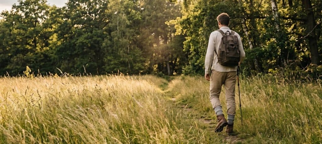 Abenteurer beim Wandern in der Natur mit Rucksack, sonniger Tag, Übergrößen geeignet.