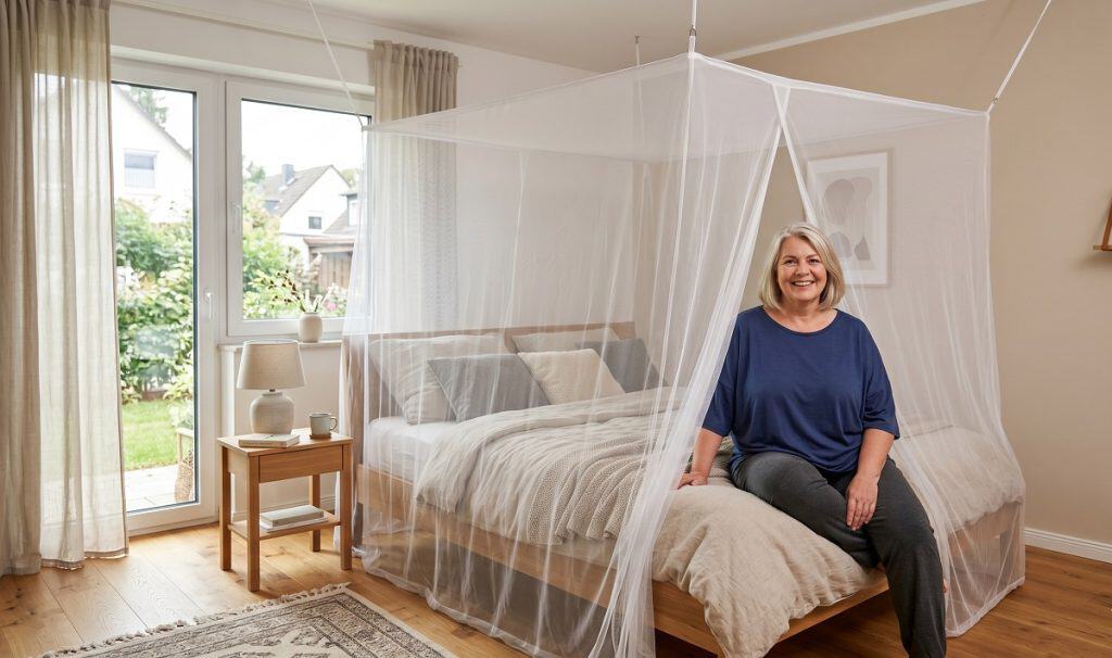 Frau sitzt in einem Schlafzimmer mit Moskitonetz über dem Bett.