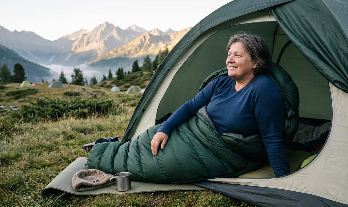 Kräftigere Frau entspannt in einem geräumigen Daunenschlafsack am Zelt mit Blick auf die Berge