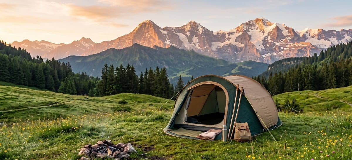 Quechua Zelt in Naturkulisse mit Bergpanorama – die Outdoor-Marke von Decathlon