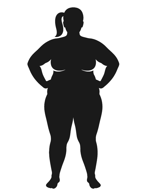 Silhouette einer Frau in Übergröße mit den Messpunkten für Körperhöhe, Brustumfang, Taillenumfang, Hüftumfang und Innenbeinlänge