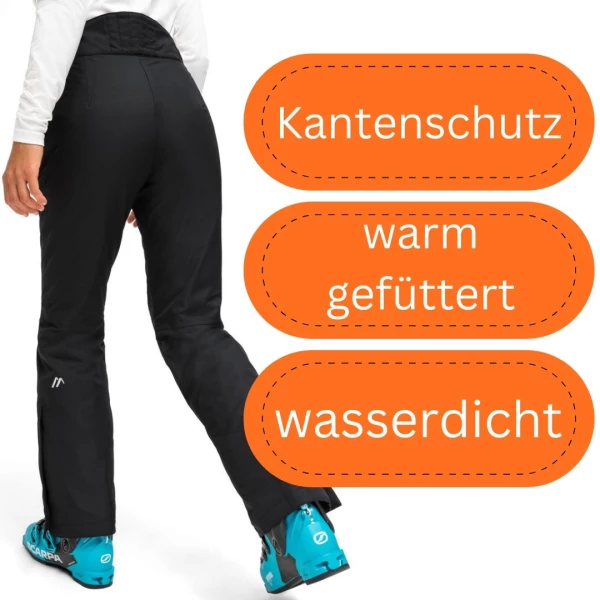 Maier Sports Resi Damen Skihose in Langgröße von hinten, das Hosenbein reicht über den Skischuh, mit Kantenschutz, warmer Fütterung und wasserdichtem Obermaterial