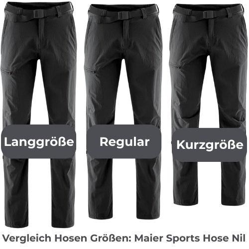 Maier Sports Nil in Langgröße, Normalgröße und Kurzgröße nebeneinander, das Bein der Kurzgröße endet am kürzesten