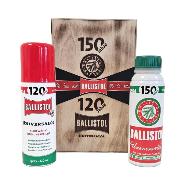 BALLISTOL Jubiläumsholzbox Universalöl 150 ml + 120 ml Spray