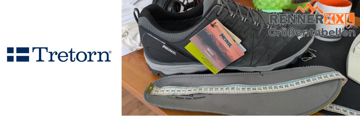 Tretorn Größentabelle bei RennerXXL – Schuh mit Einlegesohle und Maßband zum Fußlänge messen